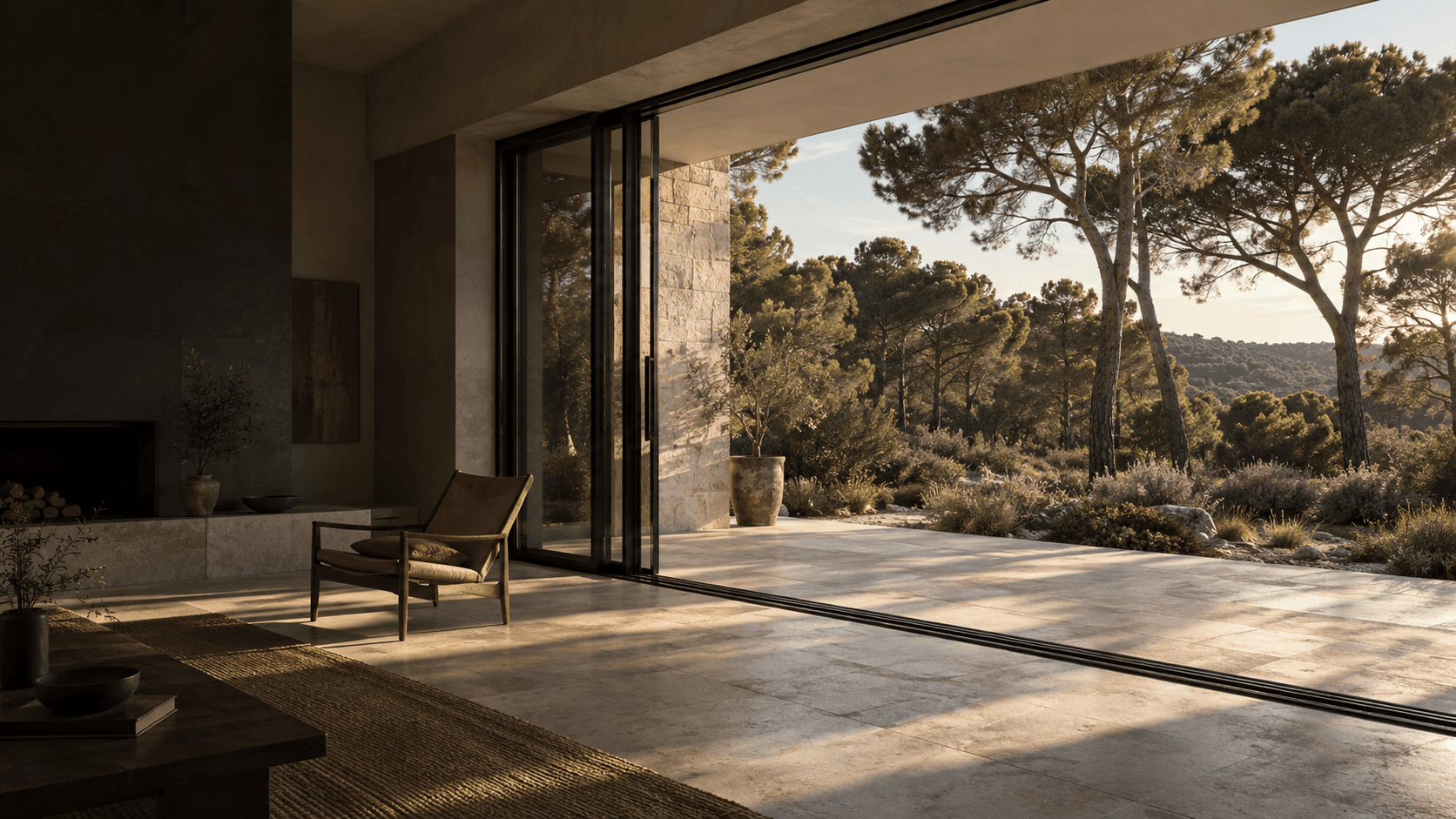 Rendu de concept : les espaces de vie ouverts sur la garrigue au crépuscule.