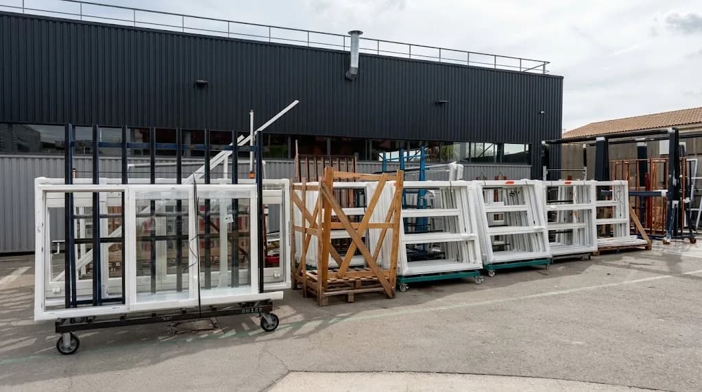 Extérieur de l’atelier Alfa, avec des menuiseries préparées devant le bâtiment